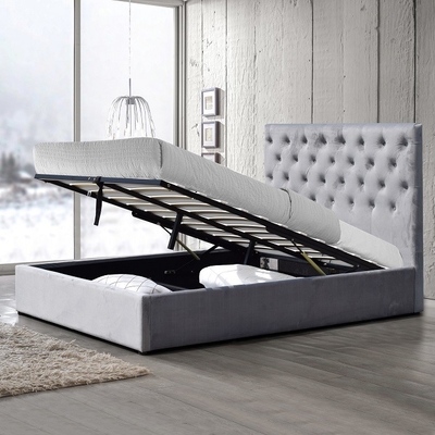 現代Size Upholstered Storage Bedの高い頭板が付いている王の灰色のクラッシュのビロード