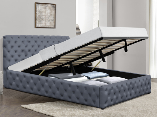 薄い灰色のSize Upholstered Tuftedのビロードのガス上昇の貯蔵のベッド王のボタン