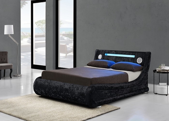 Size Storage Bed Curve黒い革装飾された王はLEDライトと形づく