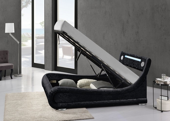 Size Storage Bed Curve黒い革装飾された王はLEDライトと形づく